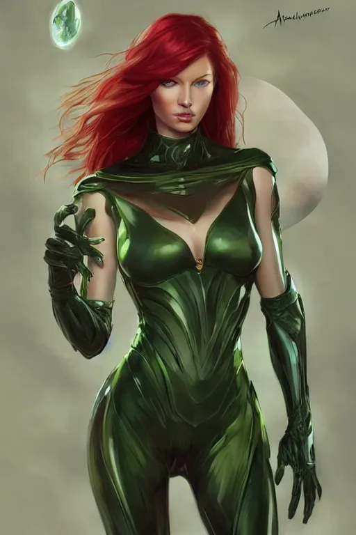 Image similar to Redhead alien human beautiful hybrid feminine woman with green eyes and a roundish nose as a futuristic heroine, digital painting, artstation, concept art, smooth, sharp focus, illustration, art by artgerm and donato giancola and Joseph Christian Leyendecker, Ross Tran, WLOP