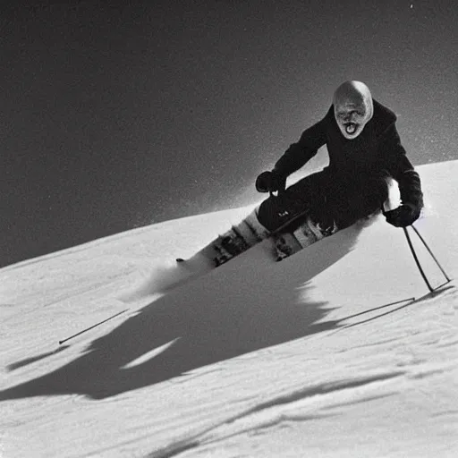 Image similar to portrait of nosferatu skiing alone, sport photography