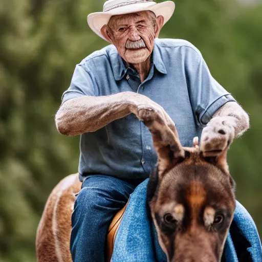 Image similar to portrait of an elderly man riding an alsatian, canon eos r 3, f / 1. 4, iso 2 0 0, 1 / 1 6 0 s, 8 k, raw, unedited, symmetrical balance, wide angle