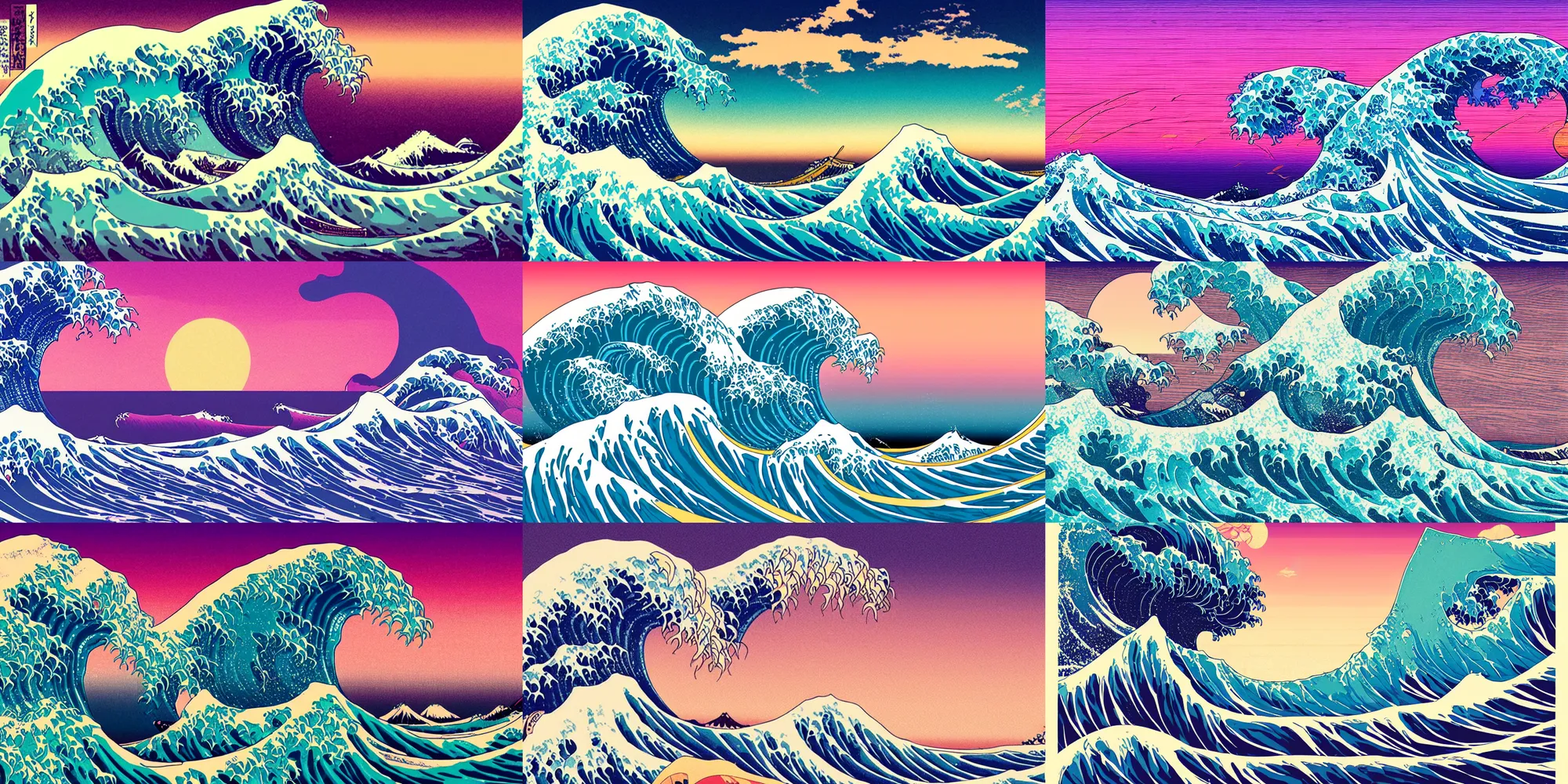 Prompt: vaporwave sunset, waves crashing in the sea, glitch art aesthetic, poster, in the style ukyo - e, wood incision, hokusai