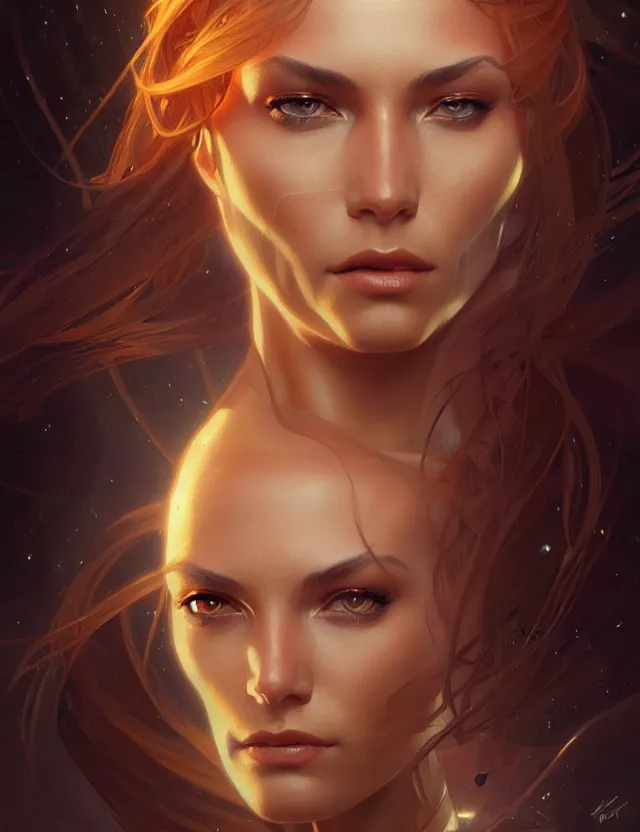 Image similar to futuristic woman portrait, sci-fi, amber eyes, face, long hair, fantasy, intricate, elegant, highly detailed, digital painting, artstation, concept art, smooth, sharp focus, illustration, art by artgerm and greg rutkowski and alphonse mucha