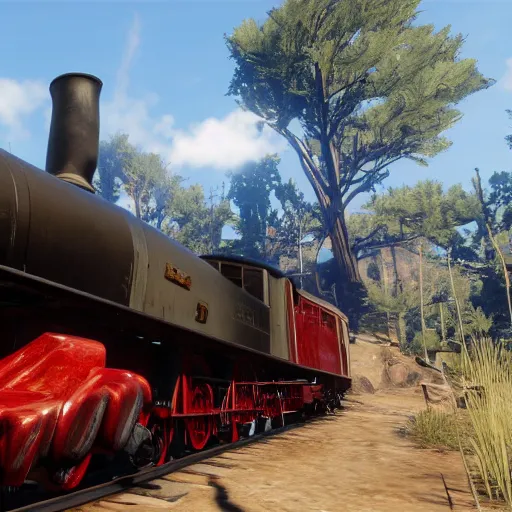 Image similar to futuristic sleek steam locomotive in red dead redemption 2