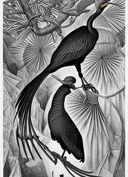 Prompt: art deco poster of the night - crowned black heron by mc escher, by ernst haeckel