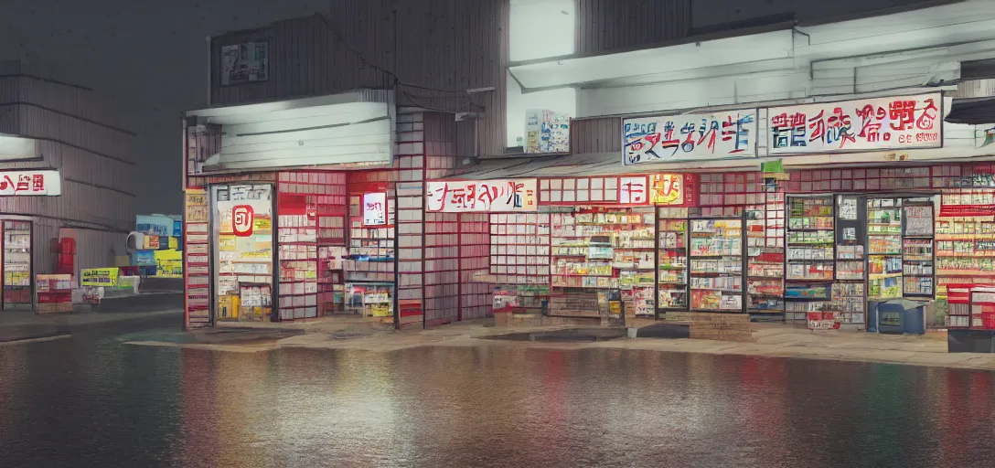 Prompt: photo of a japanese convenience store at night in the rain on side of highway, rendered in octane, highly detailed, award winning