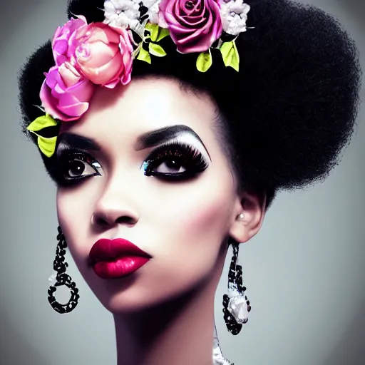 Prompt: portrait of a black woman inspired by Natalie Shau, Anna dittmann,flower crown, face gems, make up,cinematic