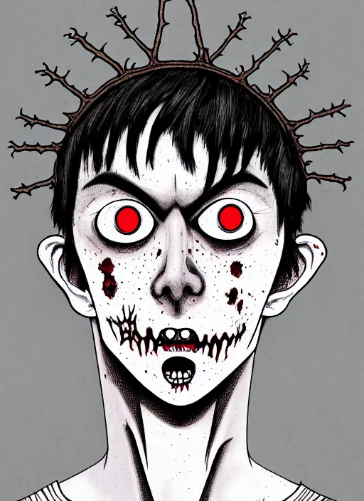 Image similar to junji ito style portrait of zombie teenage jughead jones wearing a light grey crown, zombie, crown, rotting skin, blind eyes, white eyes, crown, black hair, intricate, highly detailed, illustration, art by junji ito