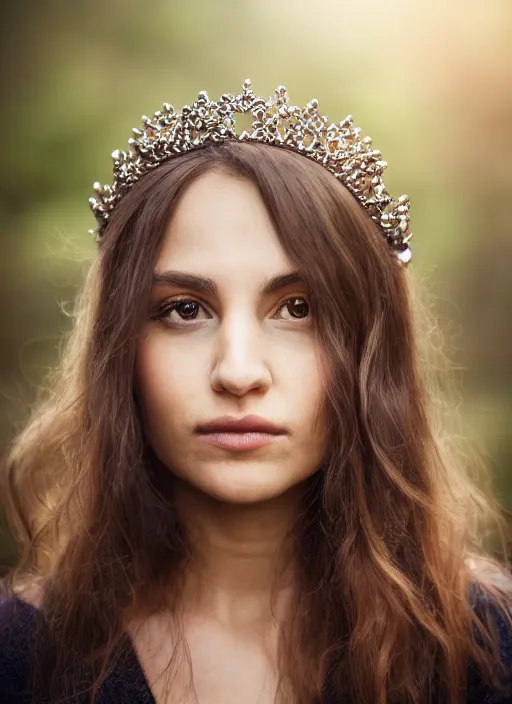 Prompt: portrait of a 2 5 year old woman with a crown, symmetrical face, dark wavey hair, she has the beautiful calm face of her mother, slightly smiling, ambient light in nature