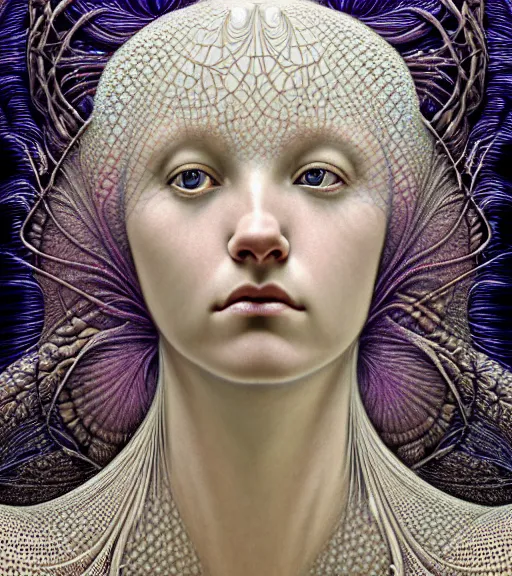 Image similar to detailed realistic beautiful dawn goddess face portrait by jean delville, gustave dore, iris van herpen and marco mazzoni, art forms of nature by ernst haeckel, art nouveau, symbolist, visionary, gothic, neo - gothic, pre - raphaelite, fractal lace, intricate alien botanicals, ai biodiversity, surreality, hyperdetailed ultrasharp octane render