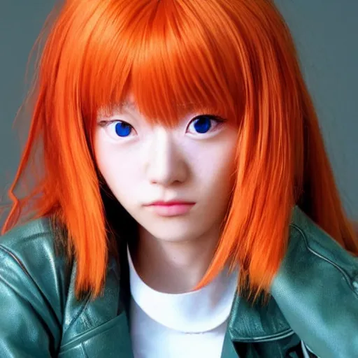 Image similar to Asuka Langley from Neon Genesis Evangelion, live action, beautiful portrait, golden hour