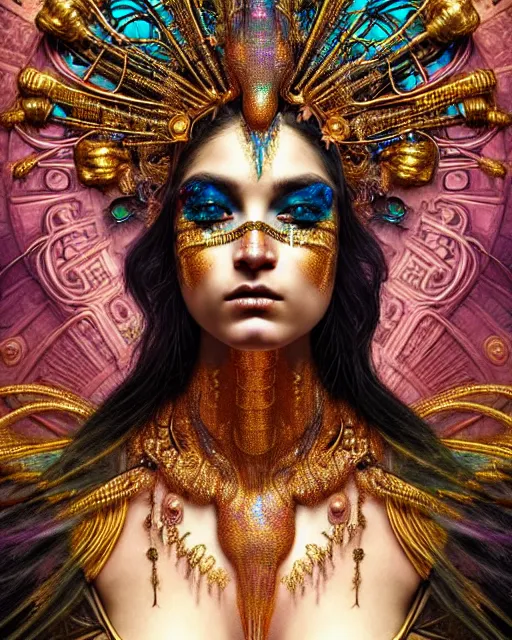 Image similar to hyperrealistic detailed portrait of a beautiful goddess in an iridescent - gold ornamental ritual headdress, intricate cyberpunk make - up, golden face tattoos, insane details, art by ernst haeckel, nekro borja, john william godward, gothic - cyberpunk, beautiful deep colours,