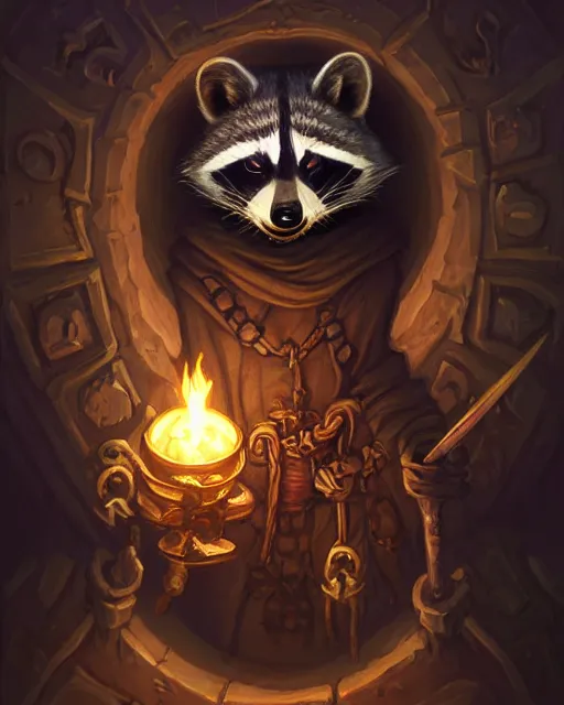 Image similar to anthropomorphic hooded necromancer raccoon casting a spell in a dungeon, deep focus, d & d, fantasy, intricate, elegant, highly detailed, digital painting, artstation, concept art, matte, sharp focus, illustration, hearthstone, art by artgerm and greg rutkowski and alphonse mucha