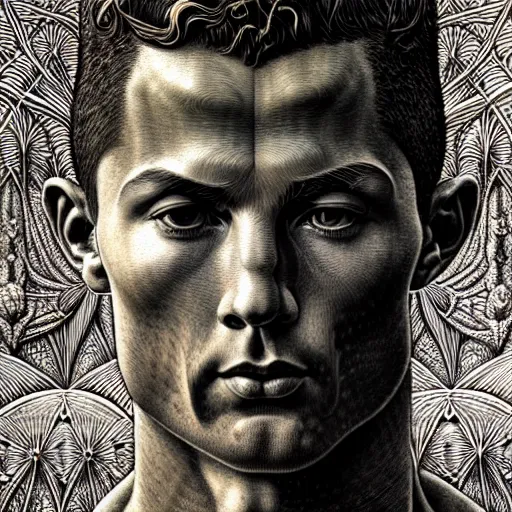 Image similar to detailed realistic beautiful cristiano ronaldo portrait by jean delville, gustave dore, iris van herpen and marco mazzoni, art forms of nature by ernst haeckel, art nouveau, symbolist, visionary, gothic, neo - gothic, pre - raphaelite, fractal lace, intricate alien botanicals, ai biodiversity, surreality, hyperdetailed ultrasharp octane render