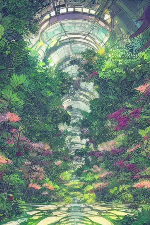 Image similar to concept art painting of a multi level botanical garden spaceship, artgerm, moebius, inio asano, toon shading, cel shading, calm, tranquil, vaporwave colors,