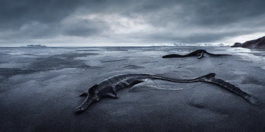 Image similar to of a plesiosaur skeleton on jokulsarlon beach, octane render, cinematic, wide angle, dramatic lighting, hyperrealistic, frozen ocean, black sand