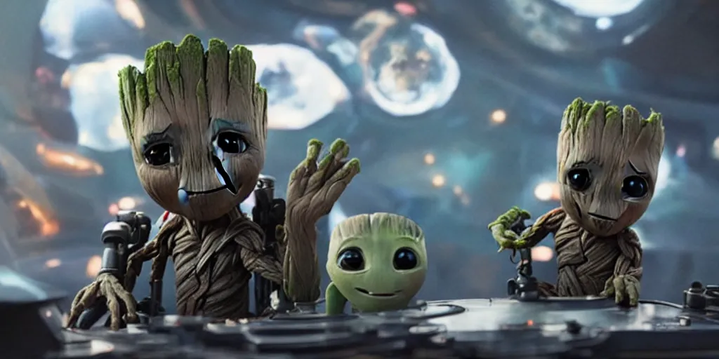Image similar to a 3 d rendered movie still of baby groot. baby groot wears a spacesuit, and explores cosmos in a super awesome space ship. science fiction blockbuster movie baby groot rules the world or i was a teenage groot, dramatic lighting, imax 7 0 mm. buzz lightyear