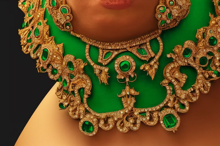 Prompt: highly detailed oil painting, front view, ornate, delicate, brilliant magical emerald choker, necklace on display, octane render, realistic, dramatic light,