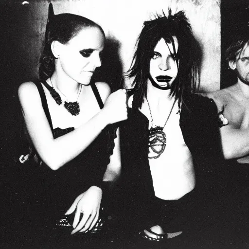 Prompt: goths in a nightclub berlin 1 9 8 2, grainy high contrast black and white