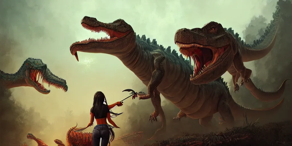 Image similar to mia khalifa fighting dinosaurs, detailed intricate illustration, dark atmosphere, detailed illustration, hd, 4 k, digital art, overdetailed art, by greg rutkowski, by loish, complementing colors, trending on artstation, deviantart