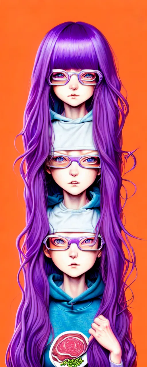 Image similar to richly detailed colored pencil 3D illustration of a singular beautiful female butcher with long purple hair wearing a hoodie and short shorts, she staring at the camera happily. mirrored background with completely rendered reflections, art by Range Murata and Artgerm.