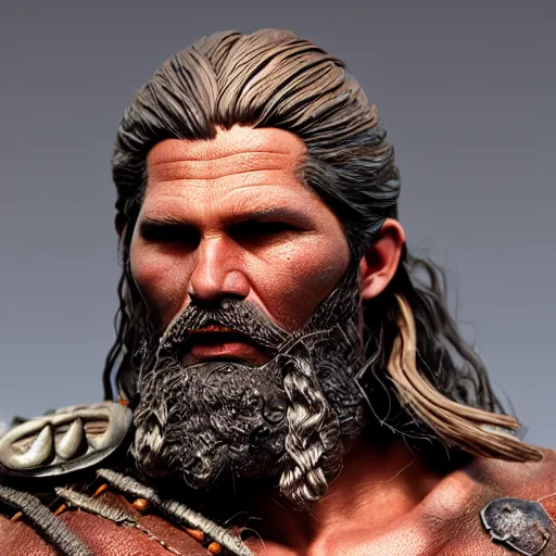 Image similar to of a 3d clay model of a viking from valhalla, ultra fine detail, hair strands, ultra high resolution, fine texture detail, miniature painting techniques, perfect proportions, marvel cinematic universe, eric bana