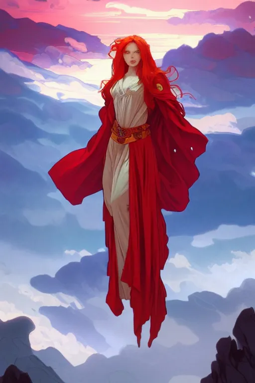 Prompt: a beautiful fire wizard with fire red hair, freckles. wearing red robes inspired by alphonse mucha, standing on a mountain top with epic clouds and volumetric lighting. intricate illustration and highly detailed digital painting. concept art by artgerm. inspired by brom art and larry elmore.