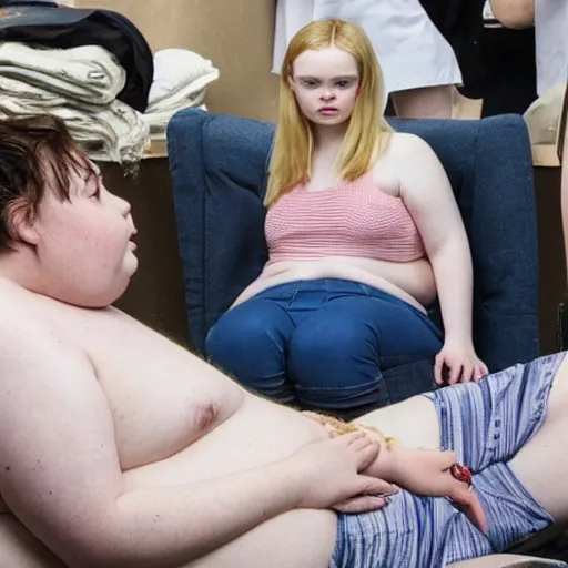 Prompt: photo of Elle fanning extremely obese, disgusting expression, sitting in her own filth, while sad obsessed fan looks on disappointed