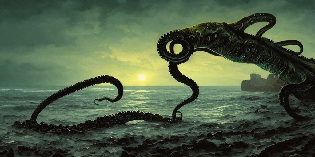 Image similar to landscape view on an old fishing village at night, a tentacled creature emerging from the ocean, night colors, high - key lighting, beautiful composition, intricate, gradient from green to black, pro photography by, highly detailed, digital painting, art by artgerm and greg rutkowski and alphonse mucha, smooth, sharp focus illustration