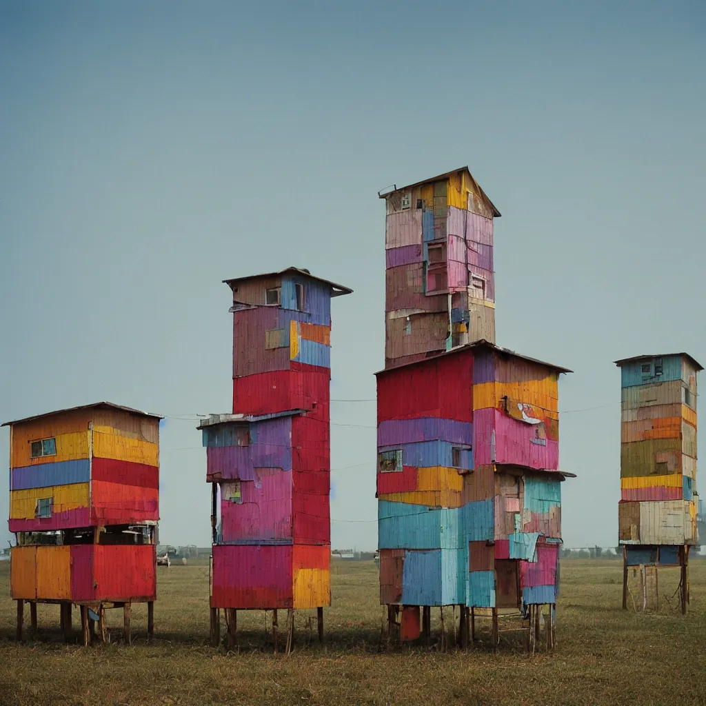 Image similar to two colourful towers, made up of stacked makeshift squatter shacks, bleached colours, plain uniform sky at the back, misty, mamiya, f 1. 8, ultra sharp, very detailed, photographed by julie blackmon