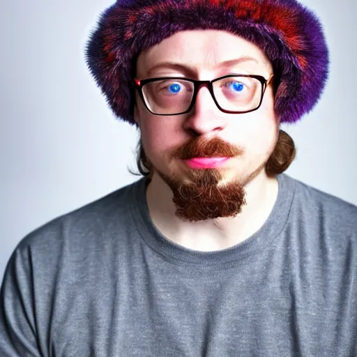 Image similar to professional head shot of sam hyde wearing a ushanka, very detailed, very intricate, detailed face,