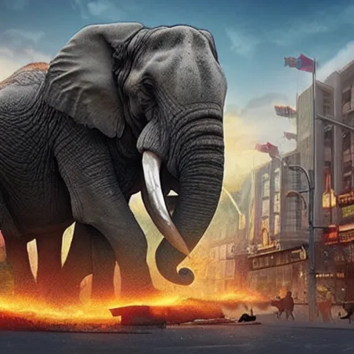 Prompt: giant elephants destroying a city