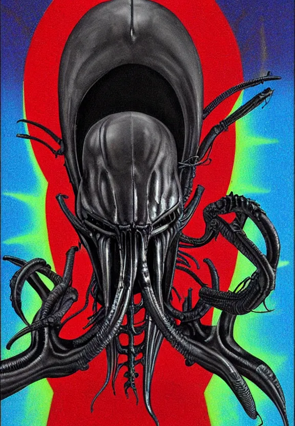 Image similar to one famous person, simple, simplicity, subgenius, x - day, weird stuff, occult stuff, knives, giger ’ s xenomorph, illuminati, gem tones, hyperrealism, studio lighting