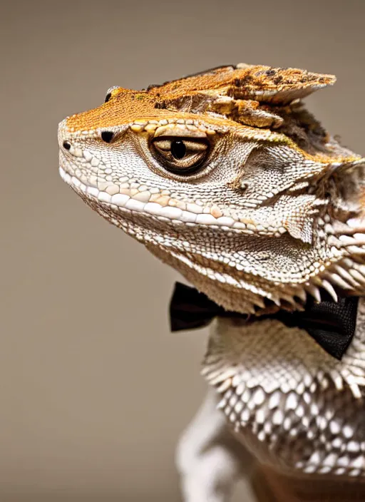 Image similar to dslr portrait still of a bearded dragon wearing a top hat and bow time, 8 k 8 5 mm f 1. 4