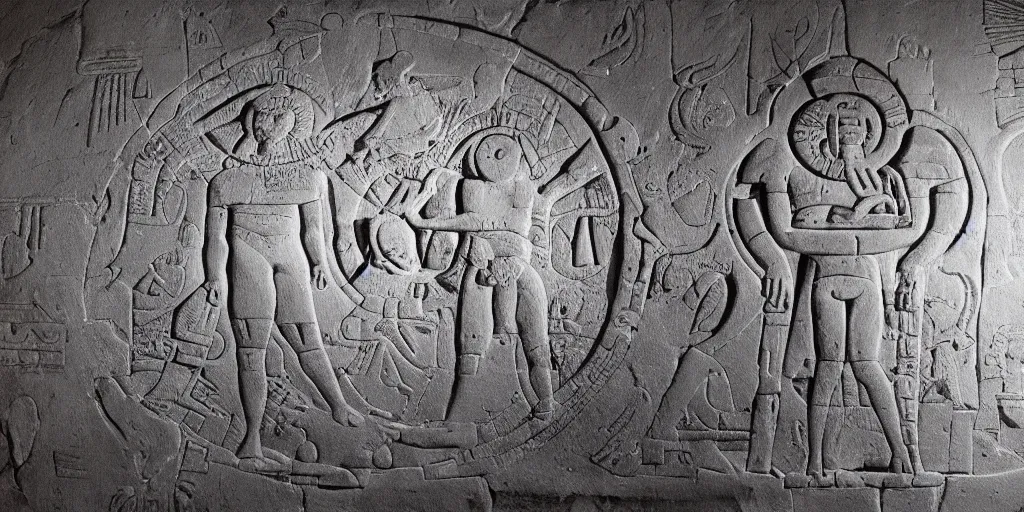 Image similar to pascal votan the space navigator as etched in stone, Mayan hieroglyph by Liam Wong and Boris Vallejo