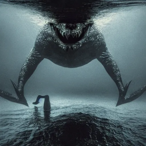 Image similar to sea monster about to eat pov underwater, foggy water, dark, dramatic,'silent hill ', big eyes, terrifying, cinematic