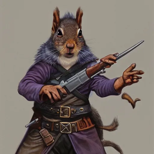 Prompt: a dnd character, a squirrel wizard holding a gun, by Alex horley