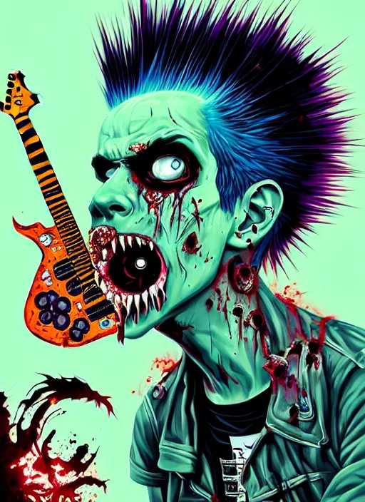 Image similar to a zombie punk rocker with a mohawk playing electric guitar, tristan eaton, victo ngai, artgerm, rhads, ross draws