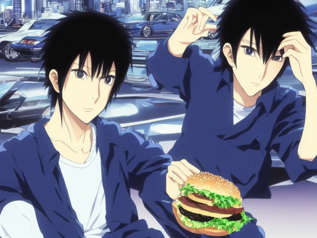 Image similar to very serious ryosuke takahashi with black hair wearing a dark blue shirt and white pants eating a cheeseburger stands alone leaning on his white mazda, initial d anime screenshot, initial d anime 1 0 8 0 p, detailed anime face, high detail, 9 0 s anime aesthetic, volumetric lights, art by studio comet, pinterest wallpaper