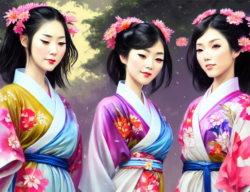 Image similar to two beautiful fashion taiwan girls wear fantasy yukata in festival | | big eyes, sunny, dreamlike art, realistic shaded, smile, good looking, fine details, 4 k realistic, cryengine, realistic shaded lighting poster by greg rutkowski, magali villeneuve, artgerm, jeremy lipkin and michael garmash and rob rey