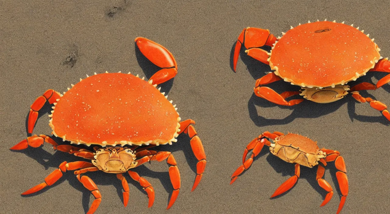 Image similar to a realistic image of a crab with a pancake on it's head, ultra high detail, the crab is on sand on a beach with ocean in the background, 8 k.