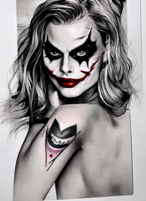 Image similar to tattoo design of margot robbie with joker makeup, ace card, in the style of rob richardson, realistic face, black and white, realism tattoo, hyper realistic, highly detailed