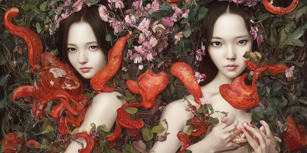 Image similar to breathtaking detailed concept art painting of the girl with rafflesia arnoldii flowers, saint, with anxious, piercing eyes, ornate background, amalgamation of leaves and flowers, by Hsiao-Ron Cheng, James jean, Miho Hirano, Hayao Miyazaki, extremely moody lighting, 8K