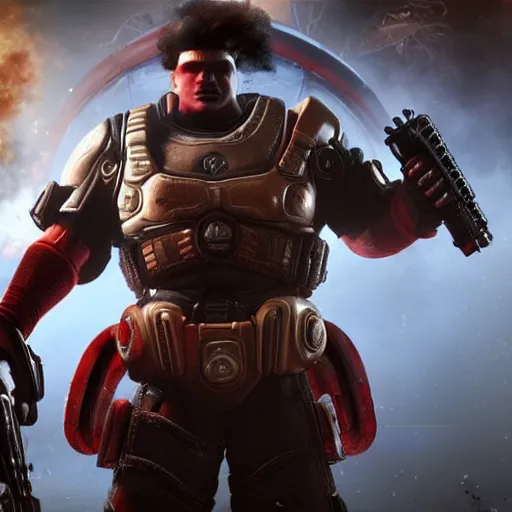 Image similar to ronald mcdonald in gears of war, cinematic shot, hyperdetailed