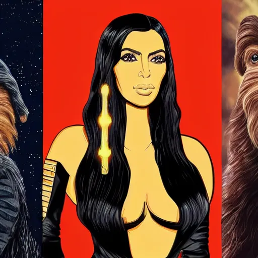 Prompt: kim kardashian in star wars with the beatles and bird person from rick and morty simpsons style high detail