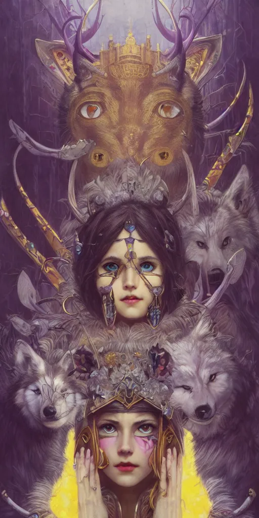 Image similar to hyper realistic Princess Mononoke in her mask, busy metropolis, city landscape, wolves, magic, castle, jewels, style of tom bagshaw, mucha, james gurney, norman rockwell, gems and gold, waterfalls, denoised, sharp, yellow purple and black colours,