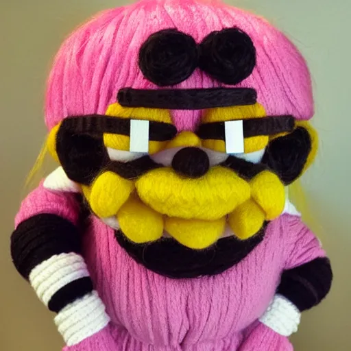 Image similar to a doll of wario made out of yarn