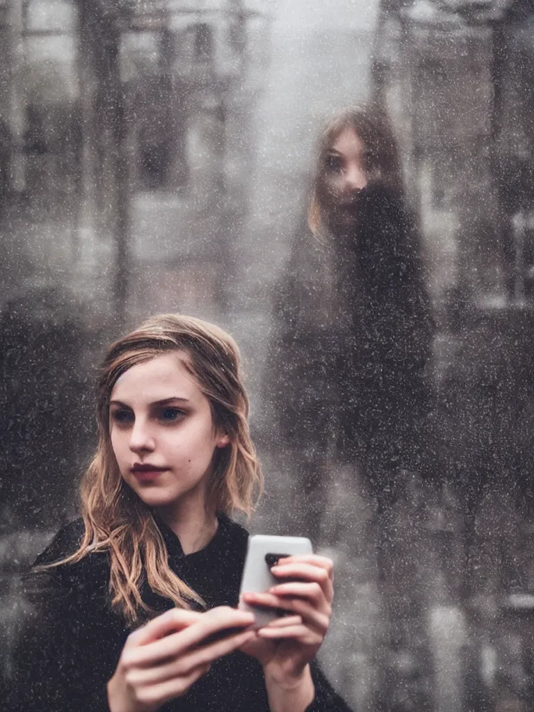 Image similar to cute annie leonhart taking a selfie with her iphone, dunwall city, beautiful face, natural lighting, rainy weather, gothic architecture, natural reflections, model agency, instagram photo, depression atmosphere, shot on iphone 1 3 pro, natural beauty, postprocessing