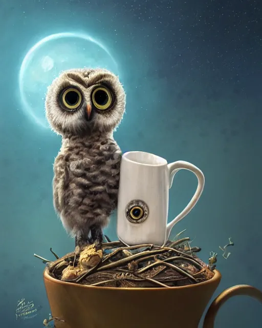 Image similar to long shot of a very cute owl chick nesting in a futuristic mug, esao andrews, humorous illustration, hyperrealistic, big depth of field, warm colors, whimsical cosmic night scenery, low light, 3 d octane render, 4 k, concept art, hyperdetailed, hyperrealistic, trending on artstation