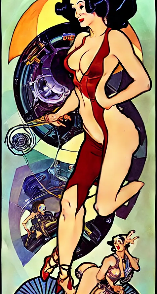 Image similar to a retro future science fiction pinup illustration of dita von teese, alphonse mucha, alberto vargas, gil elvgren, diesel punk.