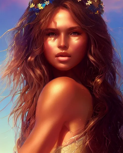 Prompt: summer vibes, beautiful sun tanned goddess portrait, flowy sunkissed hair, sun, summer, cinematic lighting, highly detailed, digital painting, trending on artstation, pixiv, concept art, sharp focus, illustration, art by ross tran and wlop