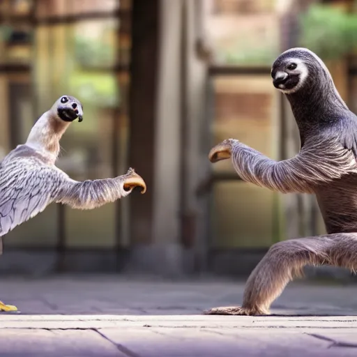 Image similar to sloth fighting a pigeon kung fu style standing, facing each other, aggressive sloth vs a muscled pigeon, best photo award, high quality 8 k, cinematic lighting